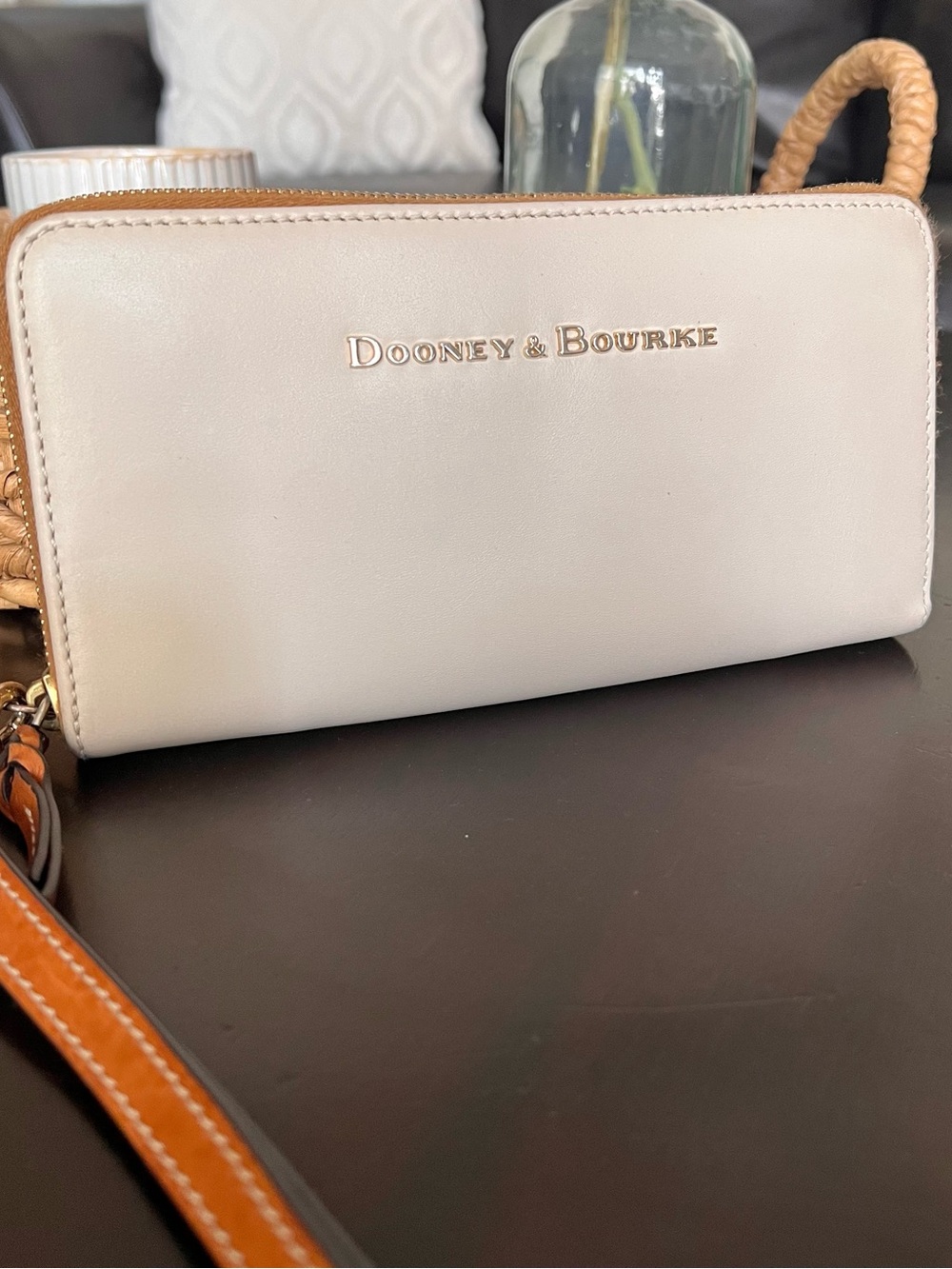 Dooney & Bourke Cream Leather Zip Wristlet with Gold Logo